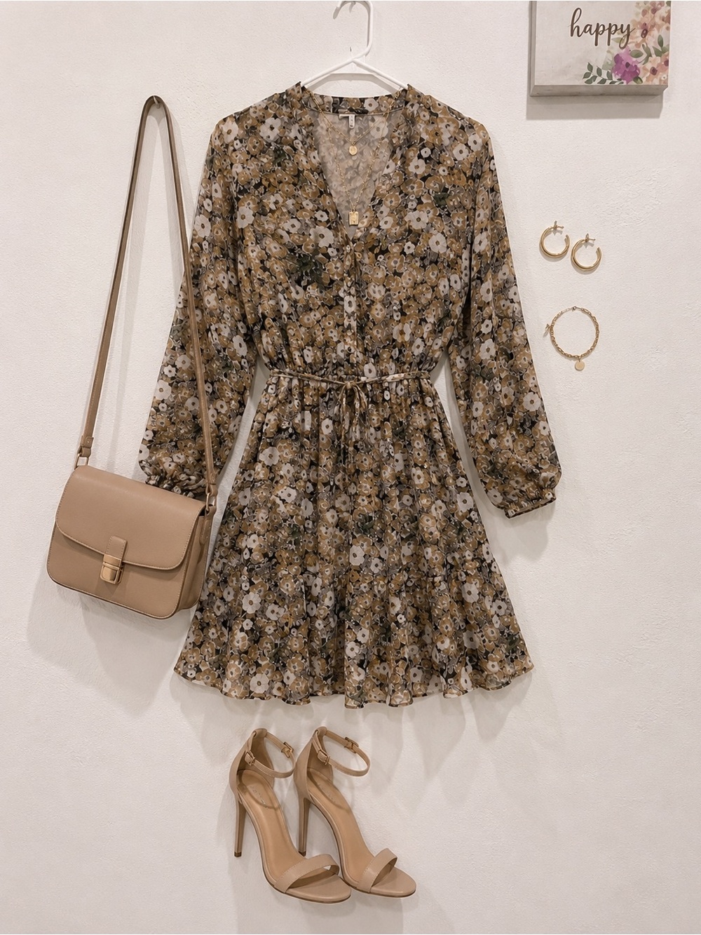 Aakaa Olive Floral Mini Dress with White Accents